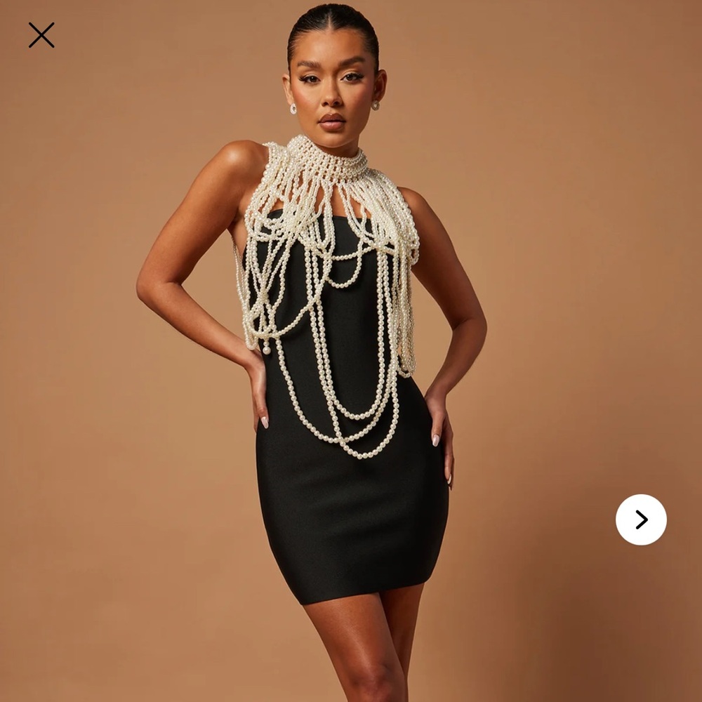 Fashion Nova Elegant Black Mini Dress with Pearl Accents